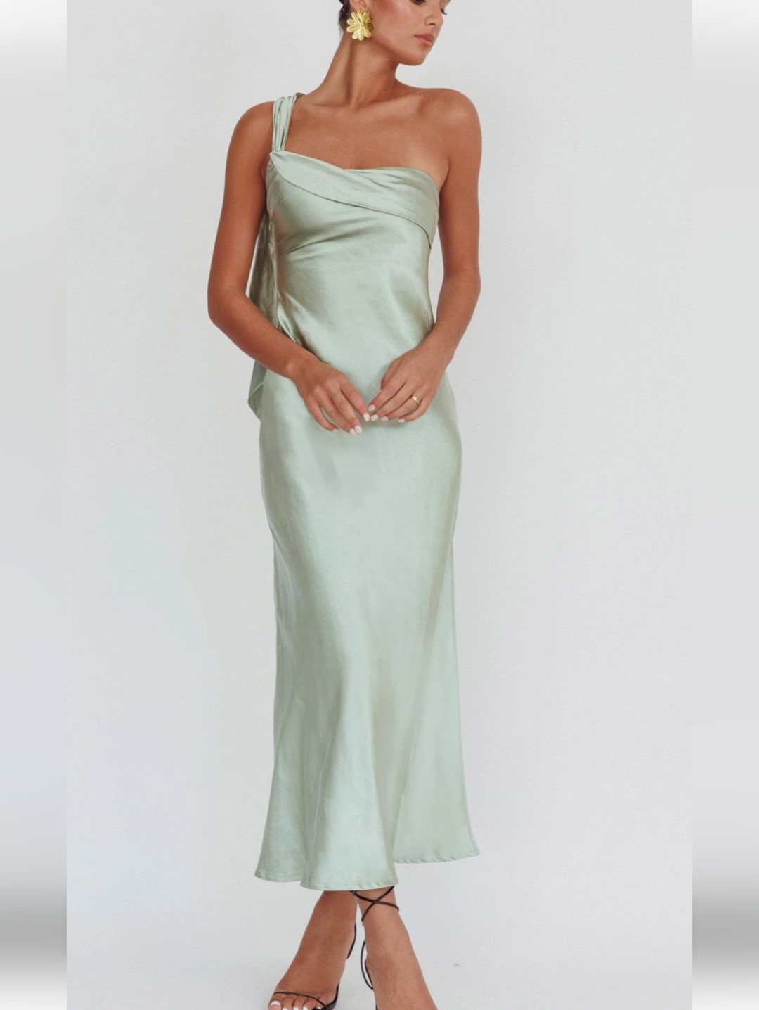 Here Comes The Sun One-Shoulder Satiny Slip Dress In Sage Green Size Xs Nwts